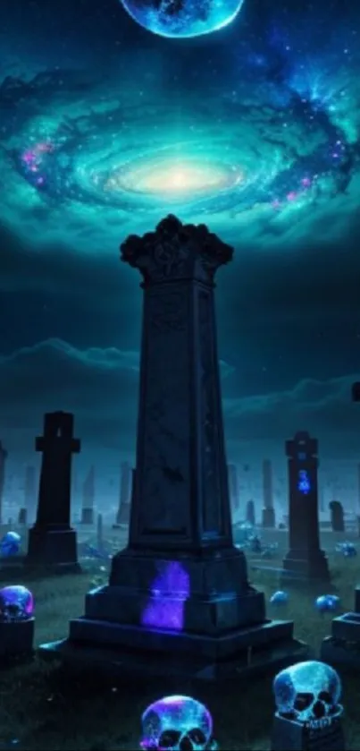 A cosmic graveyard with glowing skulls beneath a mesmerizing galaxy in a night scene.