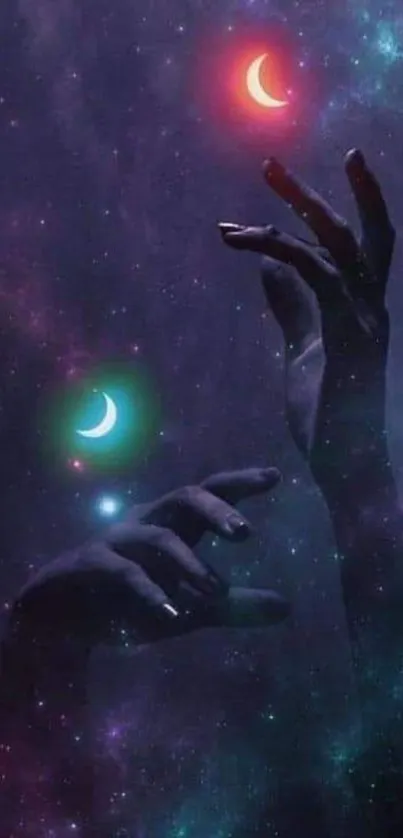 Mystical hands reaching for glowing crescent moons in a galaxy art scene.