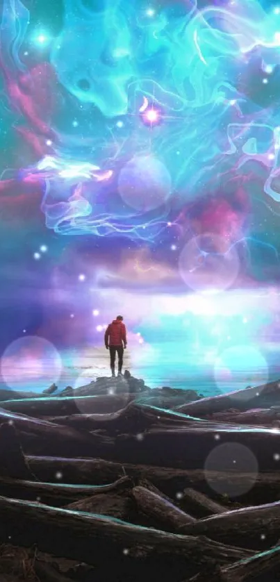 Person standing under vibrant galaxy sky with turquoise hues.