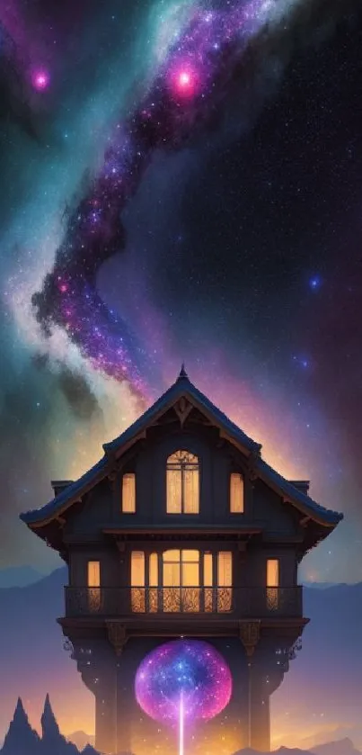 Mystical house under a vibrant galaxy sky with colorful stars and cosmic scenery.