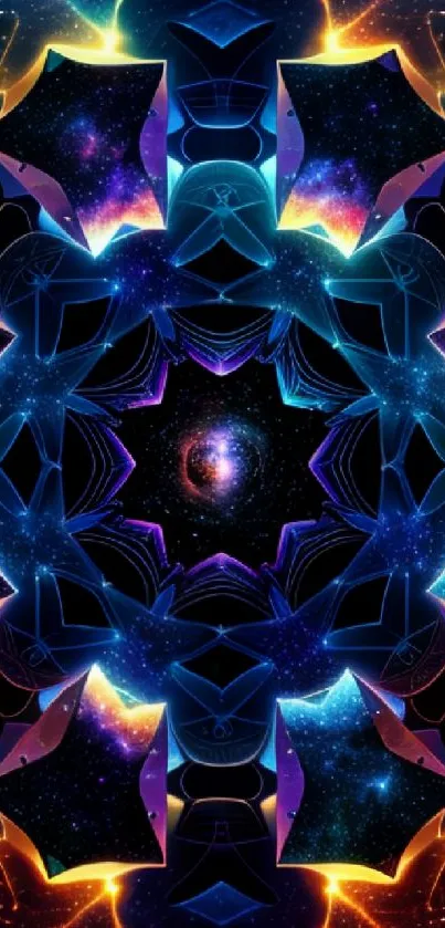 Kaleidoscope wallpaper with galaxy and cosmic patterns in vibrant colors.