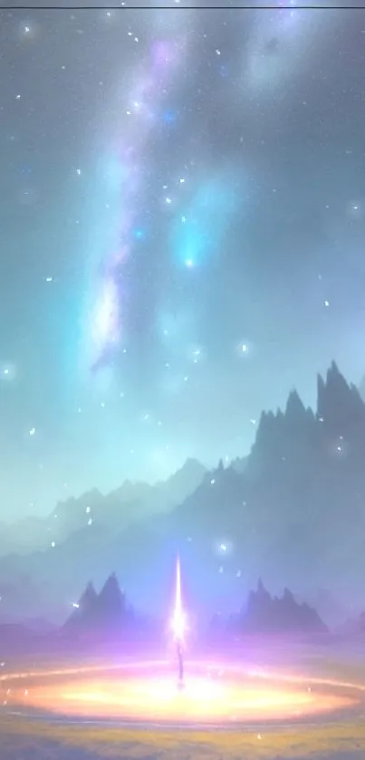 Mystical landscape with galaxy, stars, and mountains for mobile wallpaper.