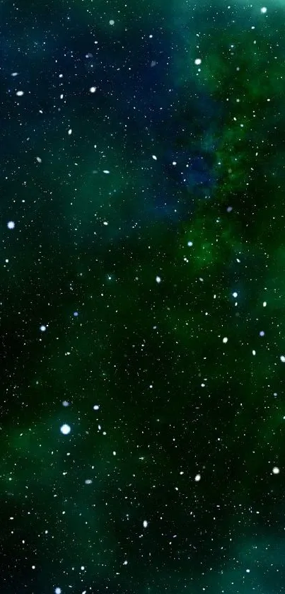 Mystical galaxy wallpaper with green hues and scattered stars.