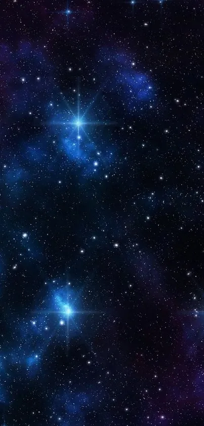 Galaxy star wallpaper with blue hues and twinkling starry sky.