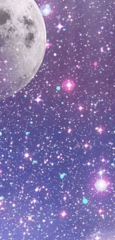 Purple starry sky with moon wallpaper.