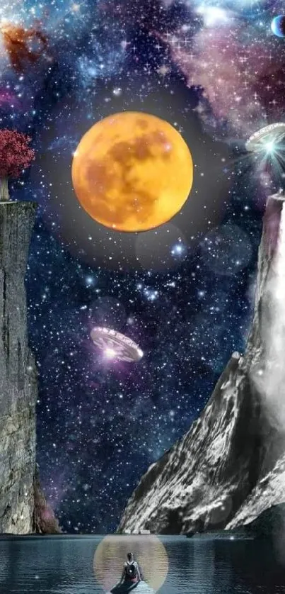 Mystical galaxy mobile wallpaper with moon and cosmic landscape.