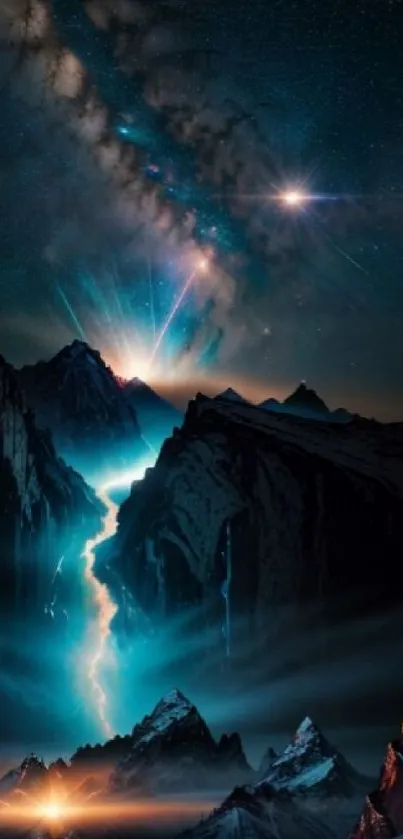 Mystical night landscape with galaxy and mountains.