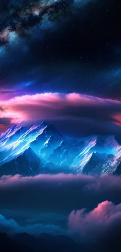 Galaxy-themed mountain wallpaper with vibrant colors.