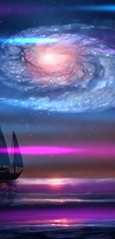 Fantasy galaxy night with purple sky and sailing ship wallpaper.