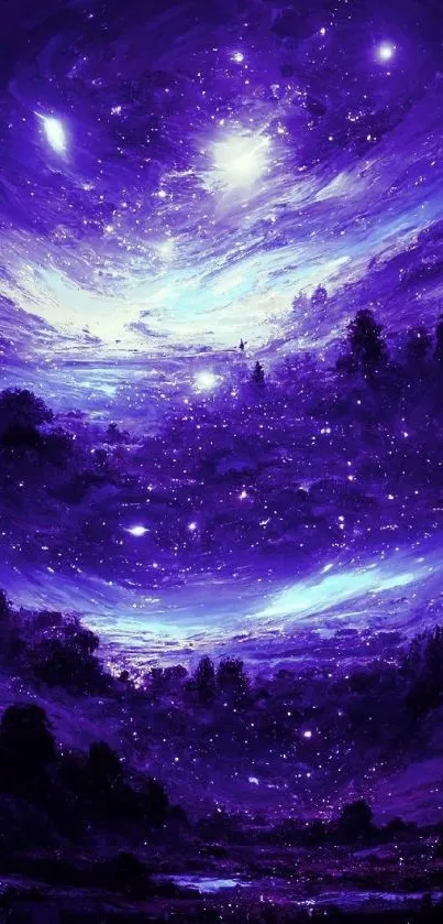 Mystical galaxy nightscape with deep purple hues and starry sky.