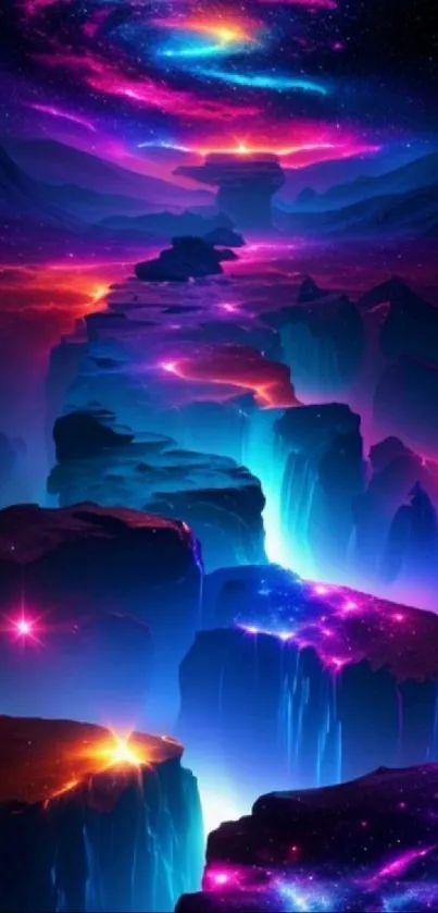 Mystical galaxy pathway with vibrant colors in a cosmic landscape.