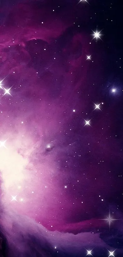 Mystical galaxy with purple hues and stars in mobile wallpaper.