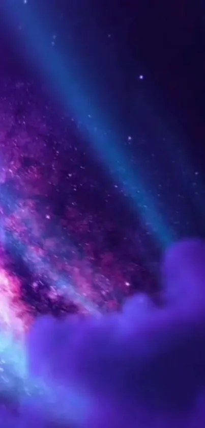 Mystical galaxy wallpaper with purple and blue cosmic clouds.