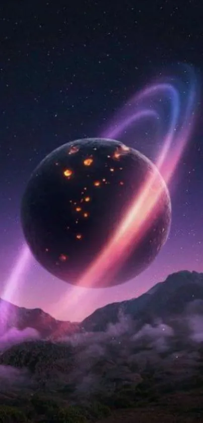 Mystical purple planet in a starry galaxy sky.