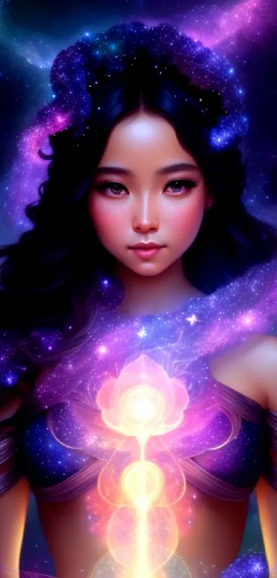 Mystical galaxy portrait with vibrant cosmic colors and serene figure.