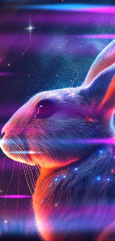 Mystical rabbit with glowing lights under a starry galaxy sky.