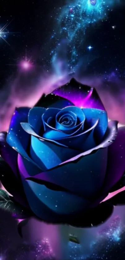 Mystical blue rose against a galaxy backdrop