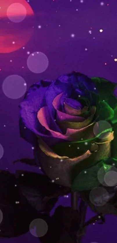 A mystical rose with a purple glow and moonlit galaxy background.