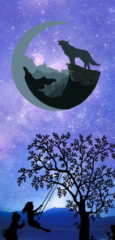 Wolf on crescent moon with starry sky background and children playing.