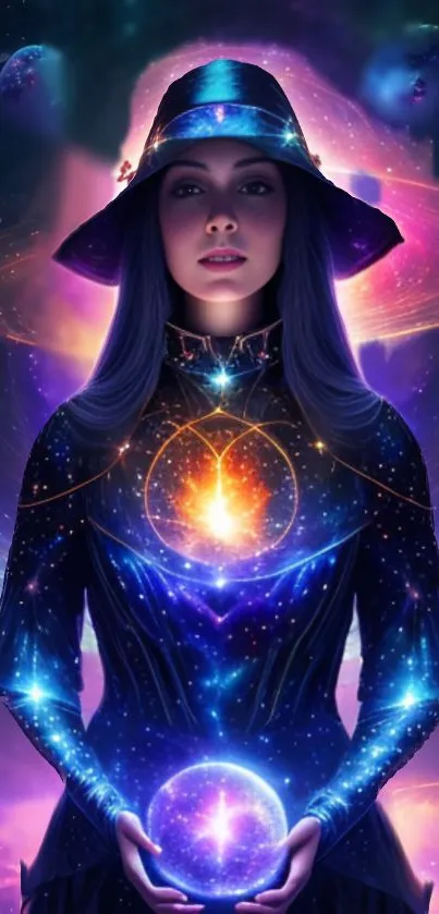 Mystical sorceress in galaxy theme with vibrant cosmic elements on mobile wallpaper.