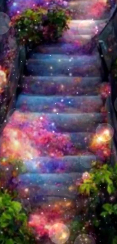 Mystical staircase adorned with cosmic colors and greenery as a mobile wallpaper.