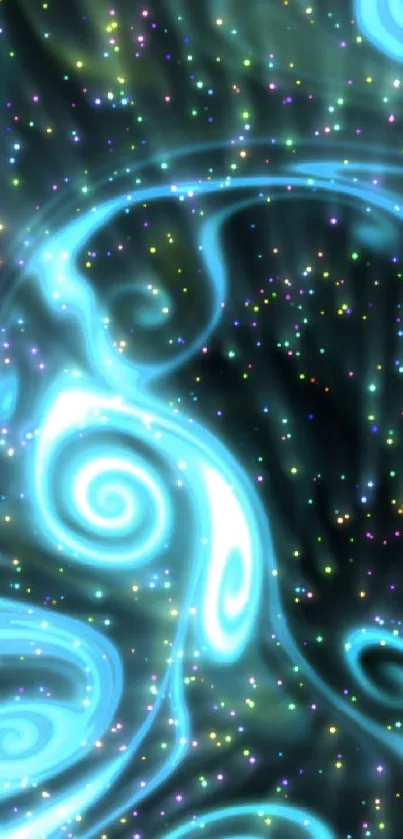 Mystical neon galaxy swirl with stars.