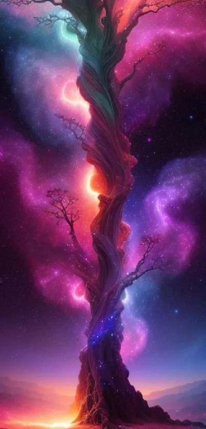 Mystical galaxy tree with vibrant neon colors on phone wallpaper.