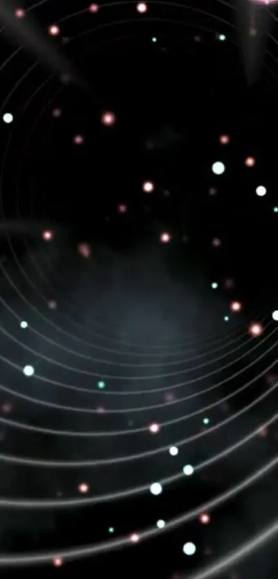 Galaxy tunnel wallpaper with glowing dots and spirals on a black background.