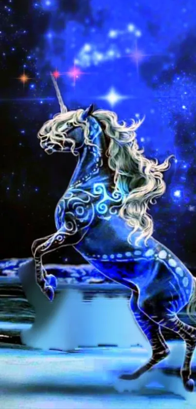 A mystical unicorn in a blue galaxy night scene mobile wallpaper.