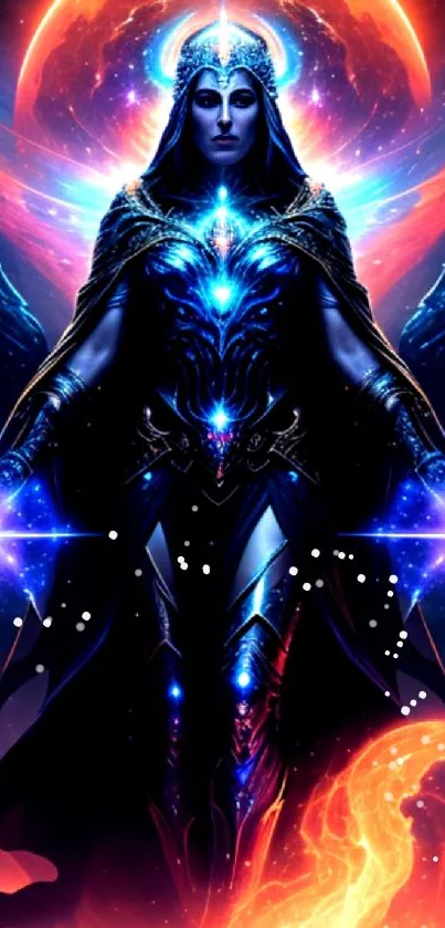 Mystical warrior with cosmic elements and a galaxy background.