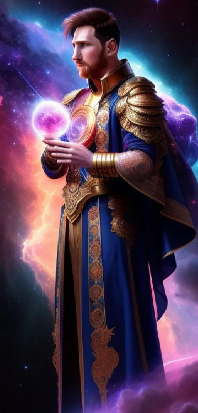 Galaxy warrior holding orb in a vibrant cosmic scene.