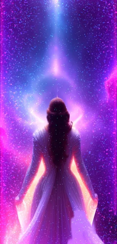 Mystical female figure in purple galaxy background with ethereal glow.