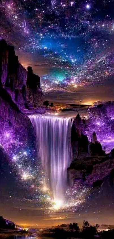 Mystical purple galaxy waterfall at night under a starry sky.