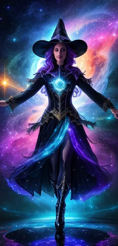 Mystical witch stands in vibrant galaxy.