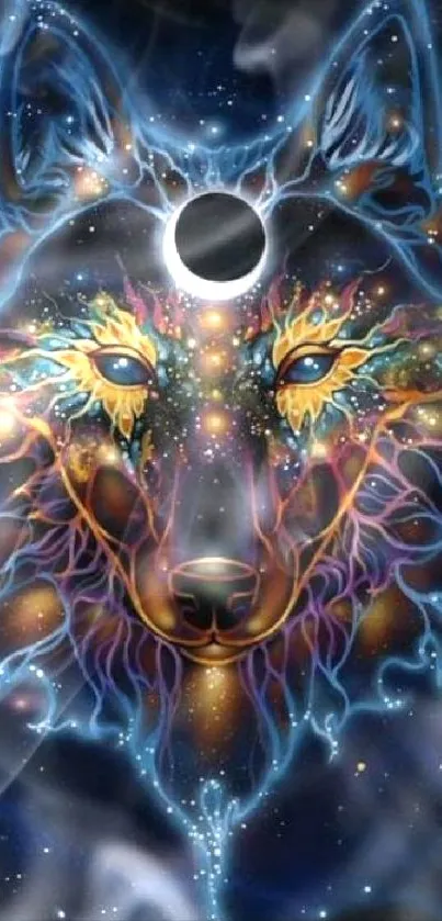 Mystical wolf in vibrant galaxy with celestial theme