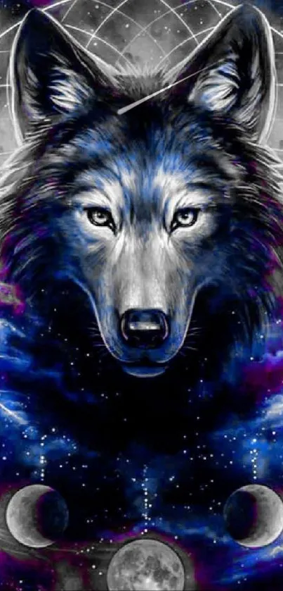 Mystical galaxy wolf with moon phases in a cosmic background.