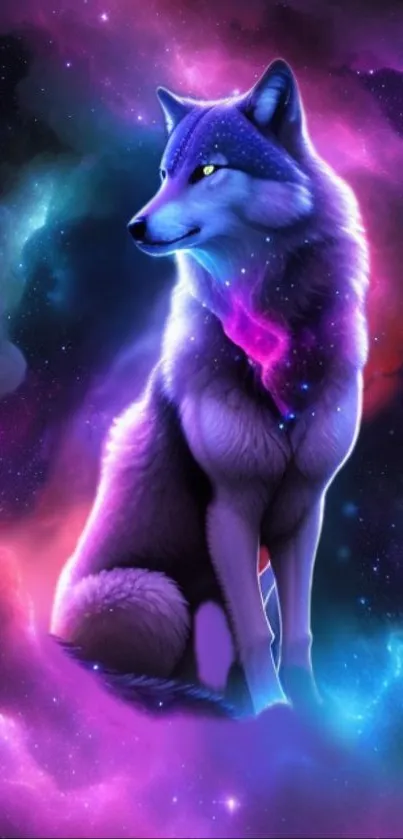 A mystical purple wolf in a colorful galaxy backdrop.