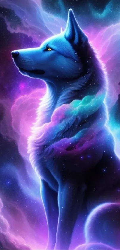 Mystical wolf in galaxy with vibrant blue and purple hues, celestial theme.