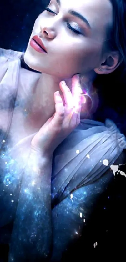 Mystical woman enveloped in a galaxy theme with ethereal dark blue hues.