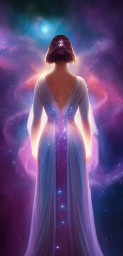 A mystical woman in a galaxy-themed dress in a cosmic setting, perfect for mobile.