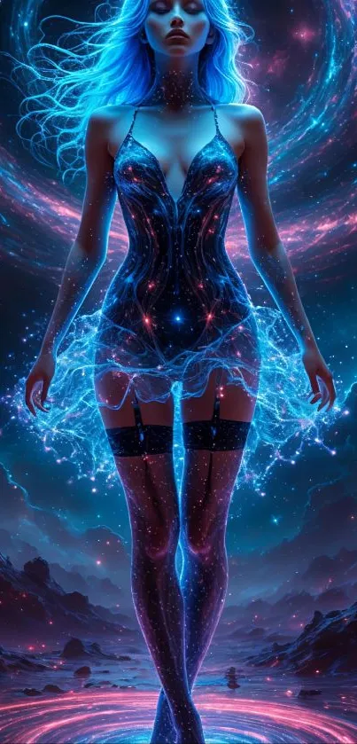 Mystical woman in galaxy-themed wallpaper with vibrant colors.