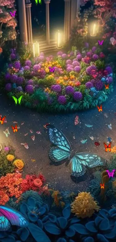 A mystical garden with butterflies and flowers glowing under soft lights.