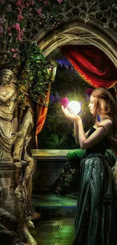 Fantasy art with girl holding glowing orb in mystical garden.