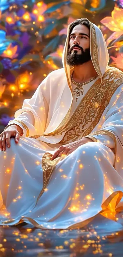 Person meditating in vibrant, colorful garden with golden glow.