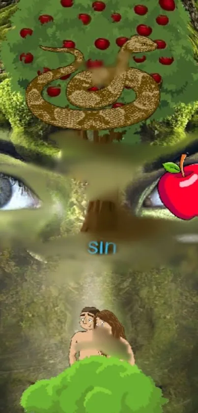 Mystical wallpaper with eyes, snake, apple, representing a forest theme.