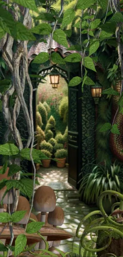 Mystical garden wallpaper with green vines and lush plants.