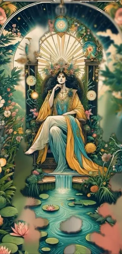 Woman in a mystical garden throne with flowers and flowing water.