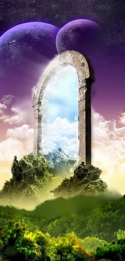 A mystical portal in a fantasy landscape with purple planets and lush greenery.