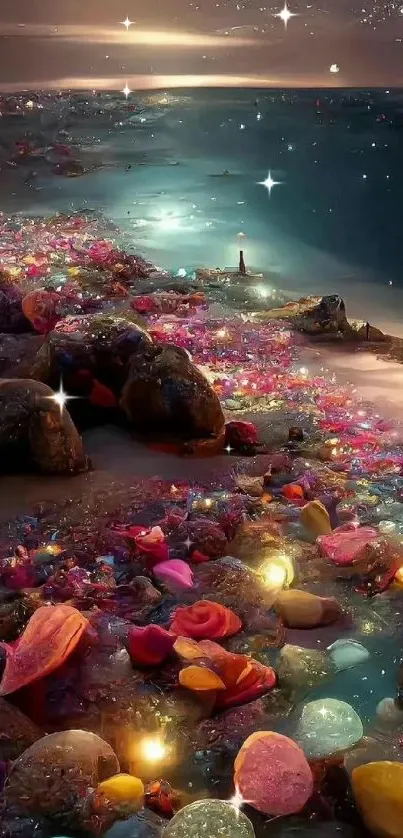 Mystical beach with glowing gemstones under a starry night sky.