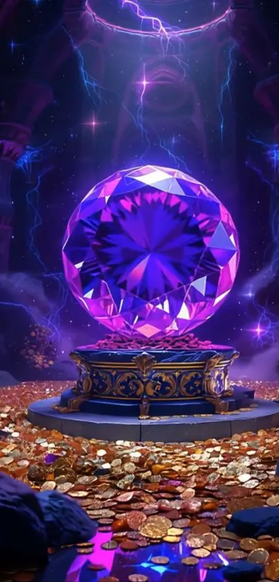 Vibrant purple gemstone on ornate stand amidst gold coins.